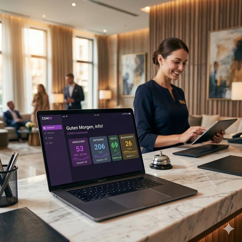 Reception dell'hotel con dashboard COM25 su laptop