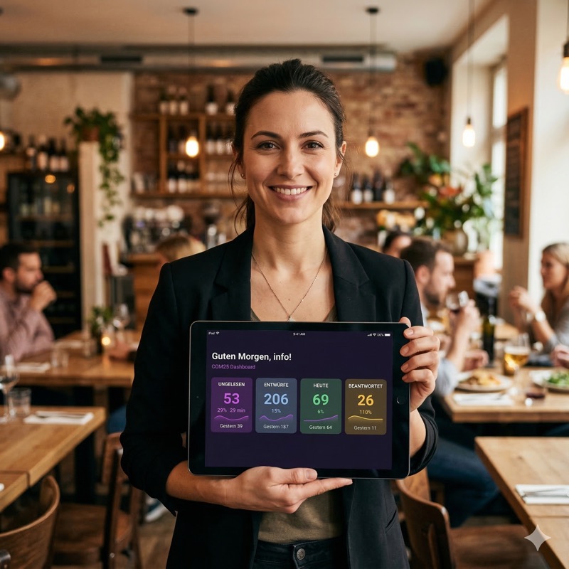 Proprietaria del ristorante con dashboard COM25 su tablet