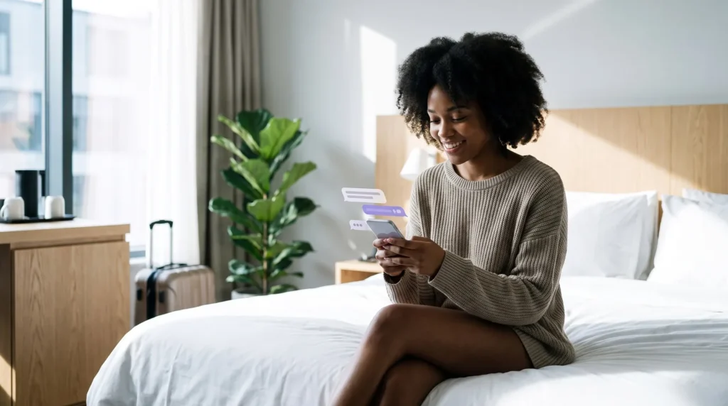 Hotelgast chattet im Zimmer mit dem Website-Assistenten des Hotels
