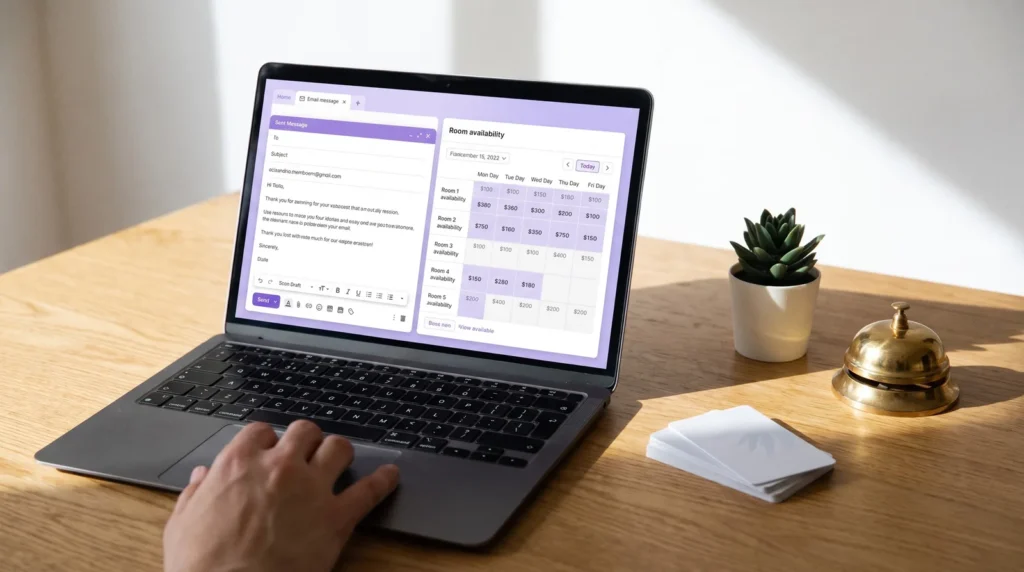 Laptop an der Hotelrezeption mit E-Mail-Entwurf und Zimmerverfügbarkeit samt Preisen