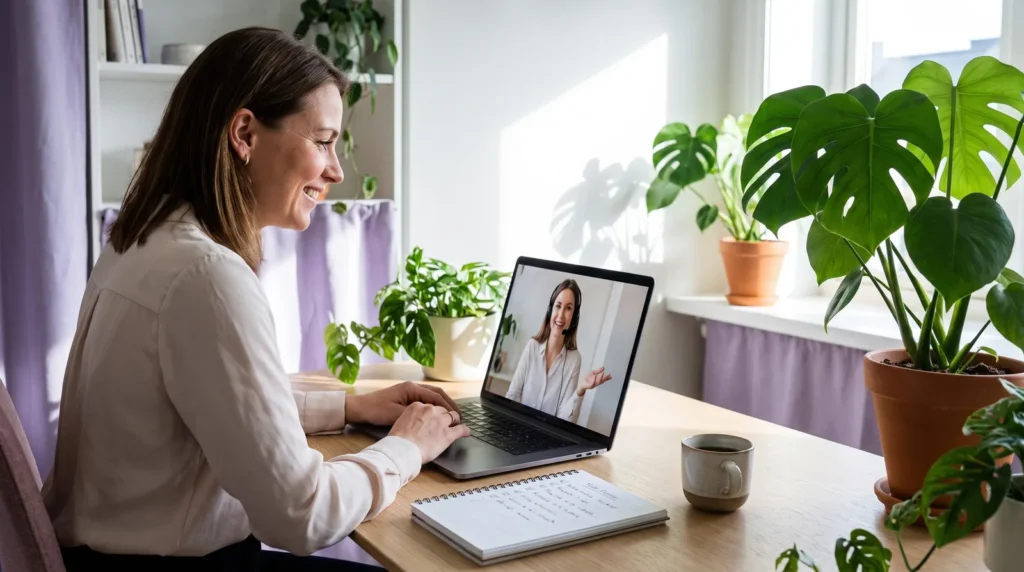 Hotelmanagerin richtet COM25 im Videocall mit einer Beraterin ein