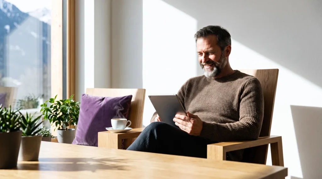 Hotelier liest in der Lobby seines Familienhotels auf dem Tablet