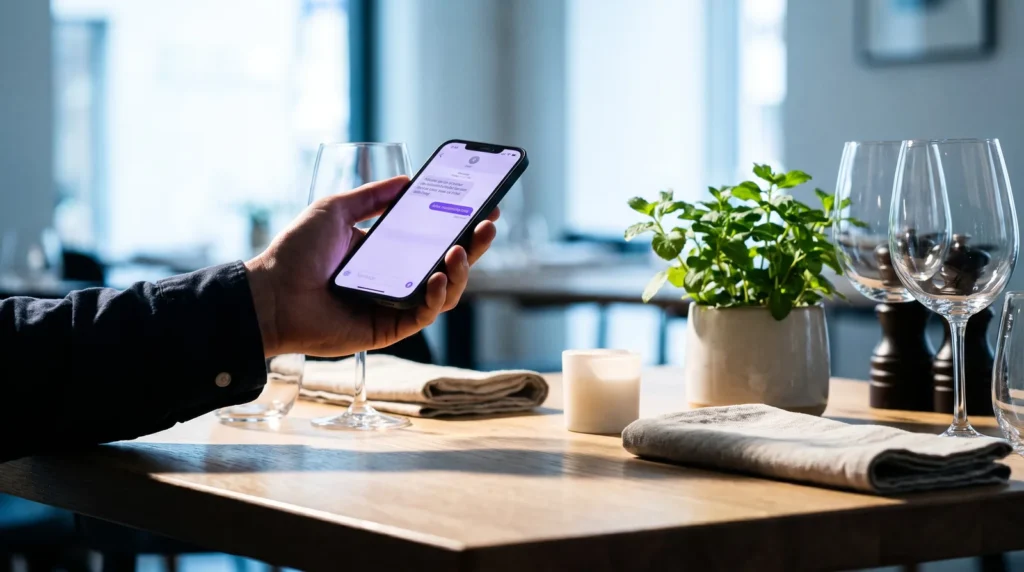 Smartphone mit bestätigter Tischreservierung über dem gedeckten Restauranttisch