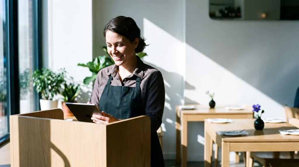 Restaurantleiterin mit Tablet am Empfang eines hellen Bistros