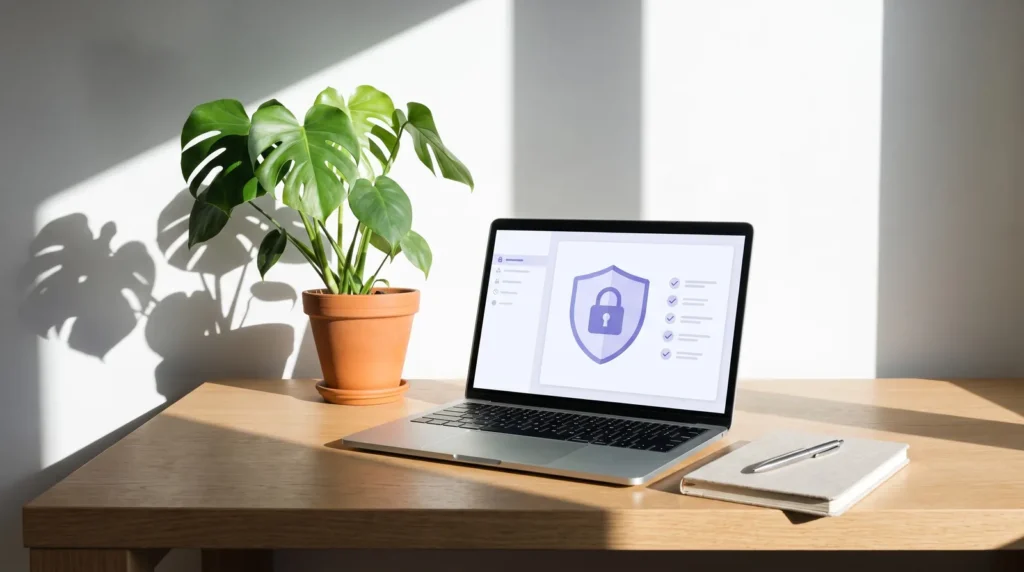 Laptop mit Datenschutz-Übersicht und Schloss-Symbol